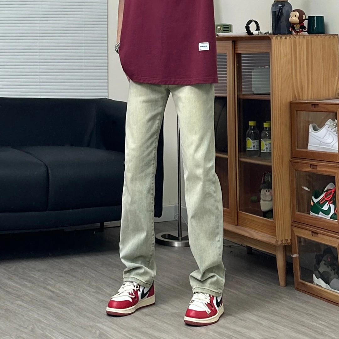 美式高街vibe黄泥水洗牛仔裤男秋季百搭宽松直筒弹力裤子修身长裤