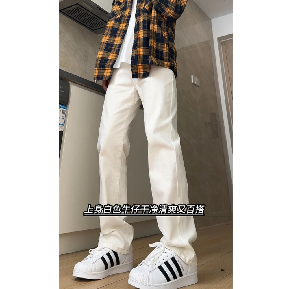 美式高街白色牛仔裤男秋季新款vibe风纯色修身直筒宽松休闲长裤子