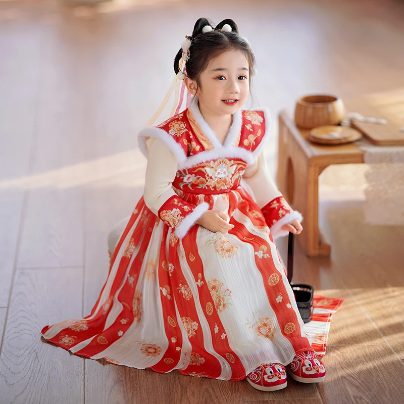 拜年服女童汉服冬款小女孩古风襦裙儿童唐装宝宝中国风古装连衣裙