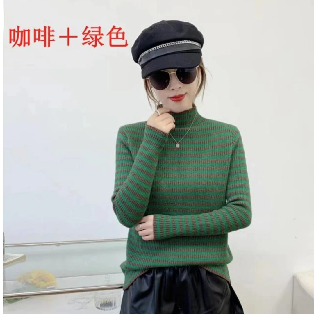 【厂家直销】2023秋冬新款保暖修身针织衫条纹半高领加绒女士打底衫