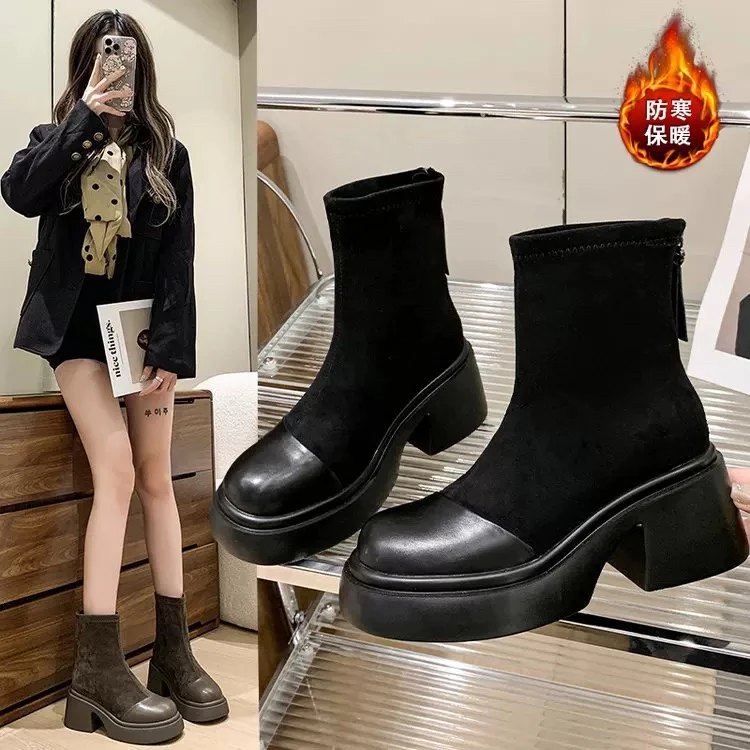 厚底粗跟短靴女2024新款秋冬新款英伦时尚厚底弹力靴中筒瘦瘦靴-T