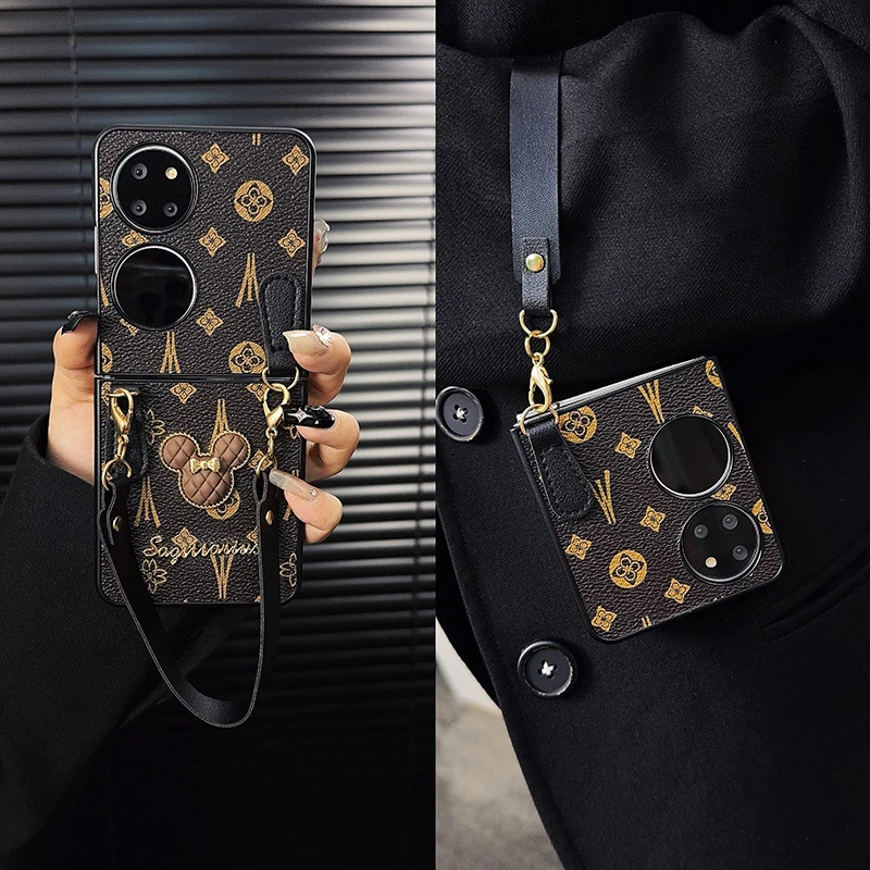 适用华为p50pocket手机壳新款pocket2套pockets高级皮纹挂绳女款x