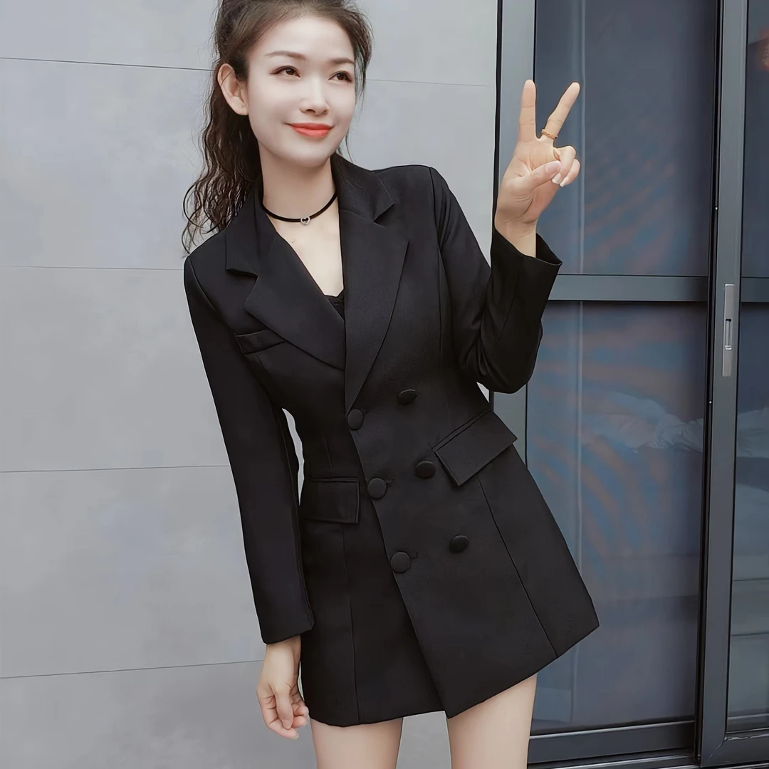 小个子定制法式V领西装裙外套收腰气质百搭黑色