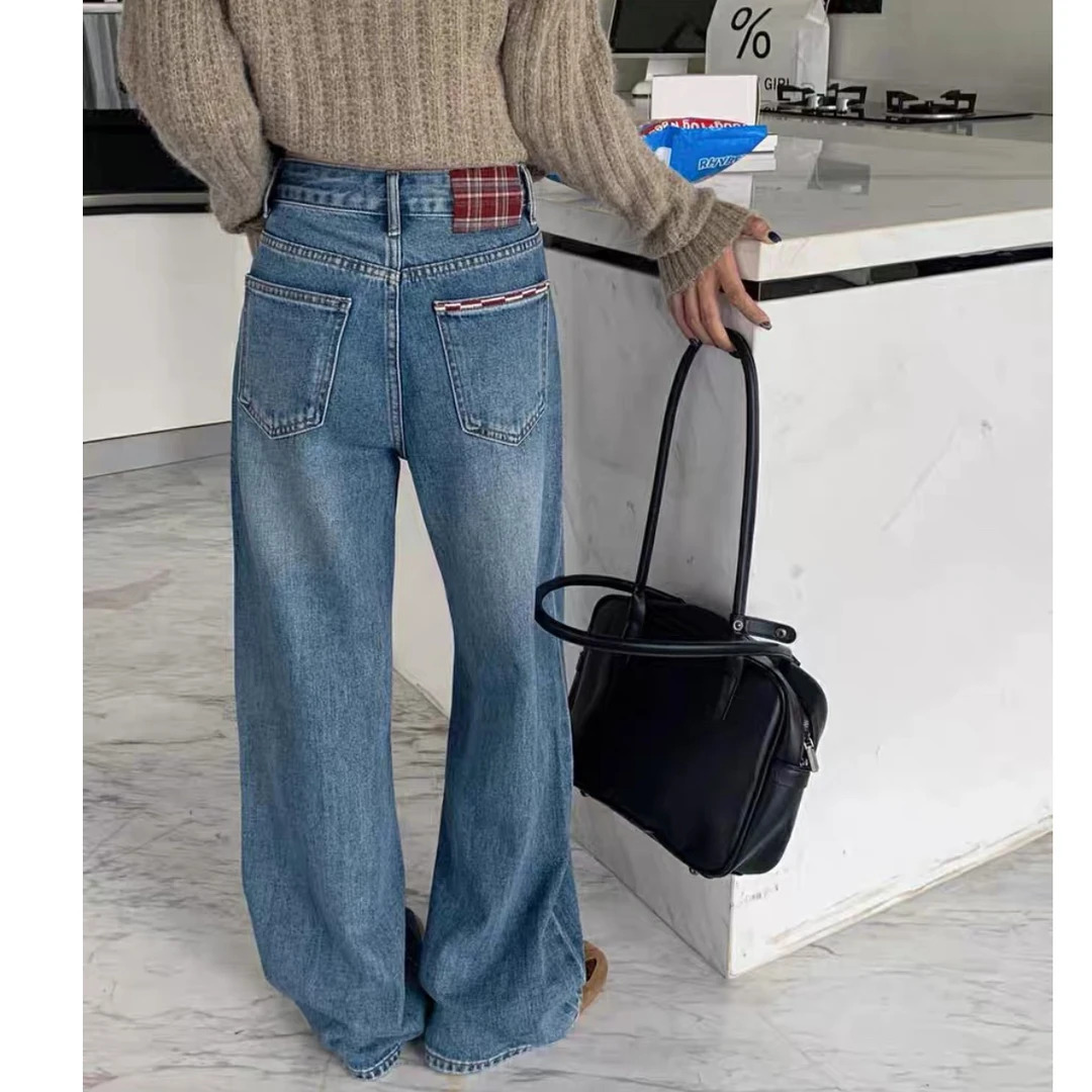 格子牛仔裤2025春新品质感蓝高腰窄版阔腿裤百搭拖地裤女显瘦