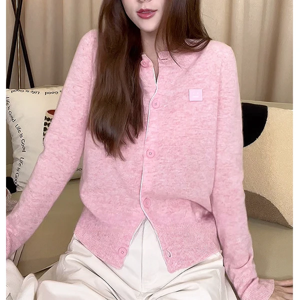 【一比Eby】100羊毛AC笑脸贴布绣针织羊绒秋冬宽松时尚开衫241635#