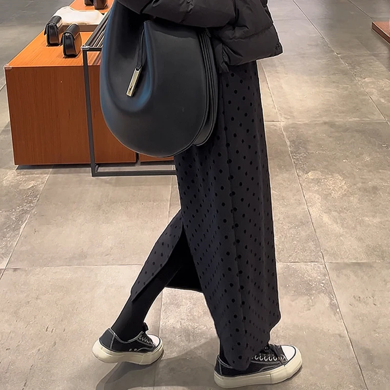 【清】波点植绒半身裙气质包臀裙宽松百搭长款秋冬长裙241609#