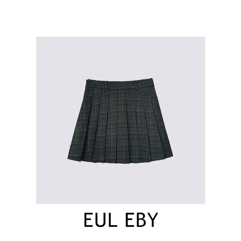 【一比Eby】格子百褶裙复古百搭黑色中高腰显瘦A字裙短裙女241693#