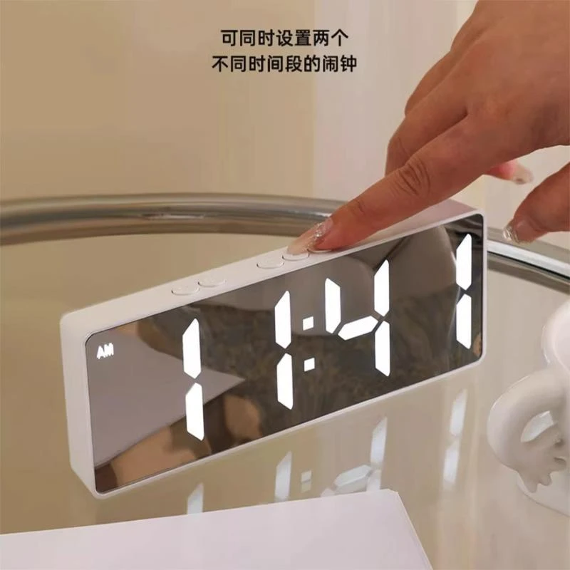 电子钟简约桌面日系椭圆黑白镜面LED声控闹钟宿舍床头日历数字钟