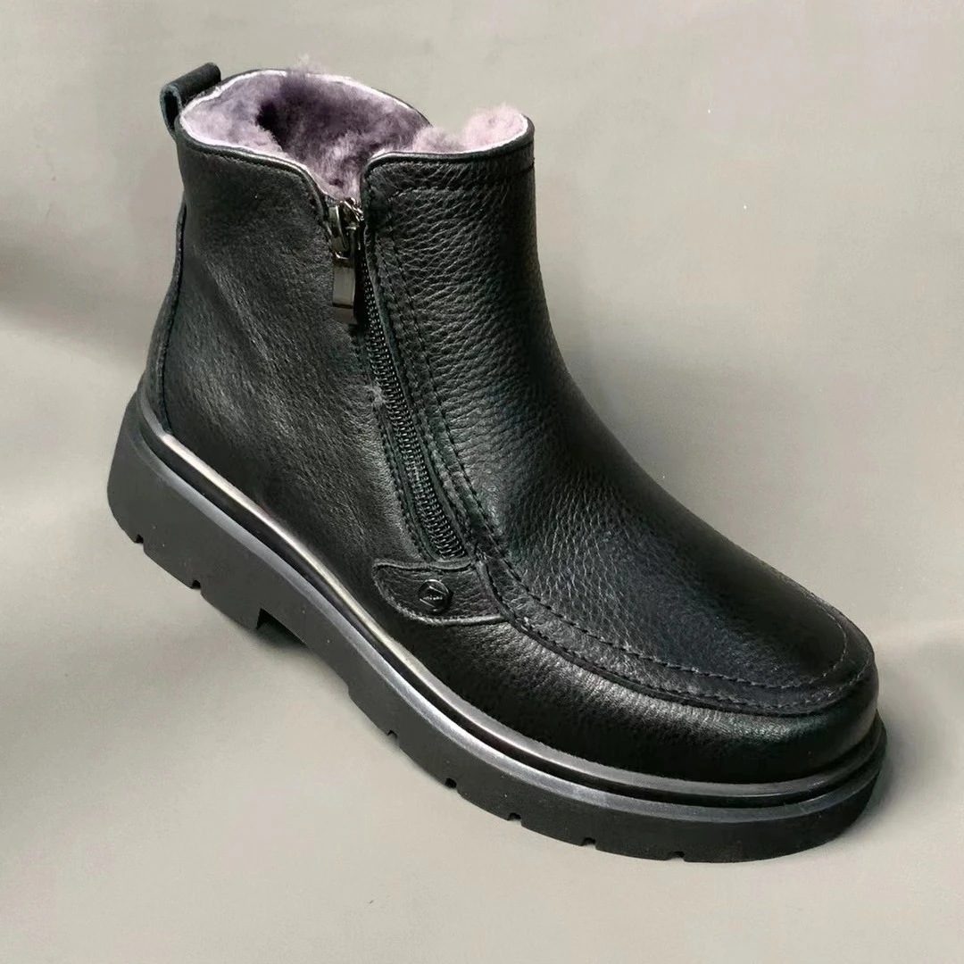 休闲男士时尚加绒毛靴高帮加厚保暖舒适双排拉链真皮百搭雪地靴