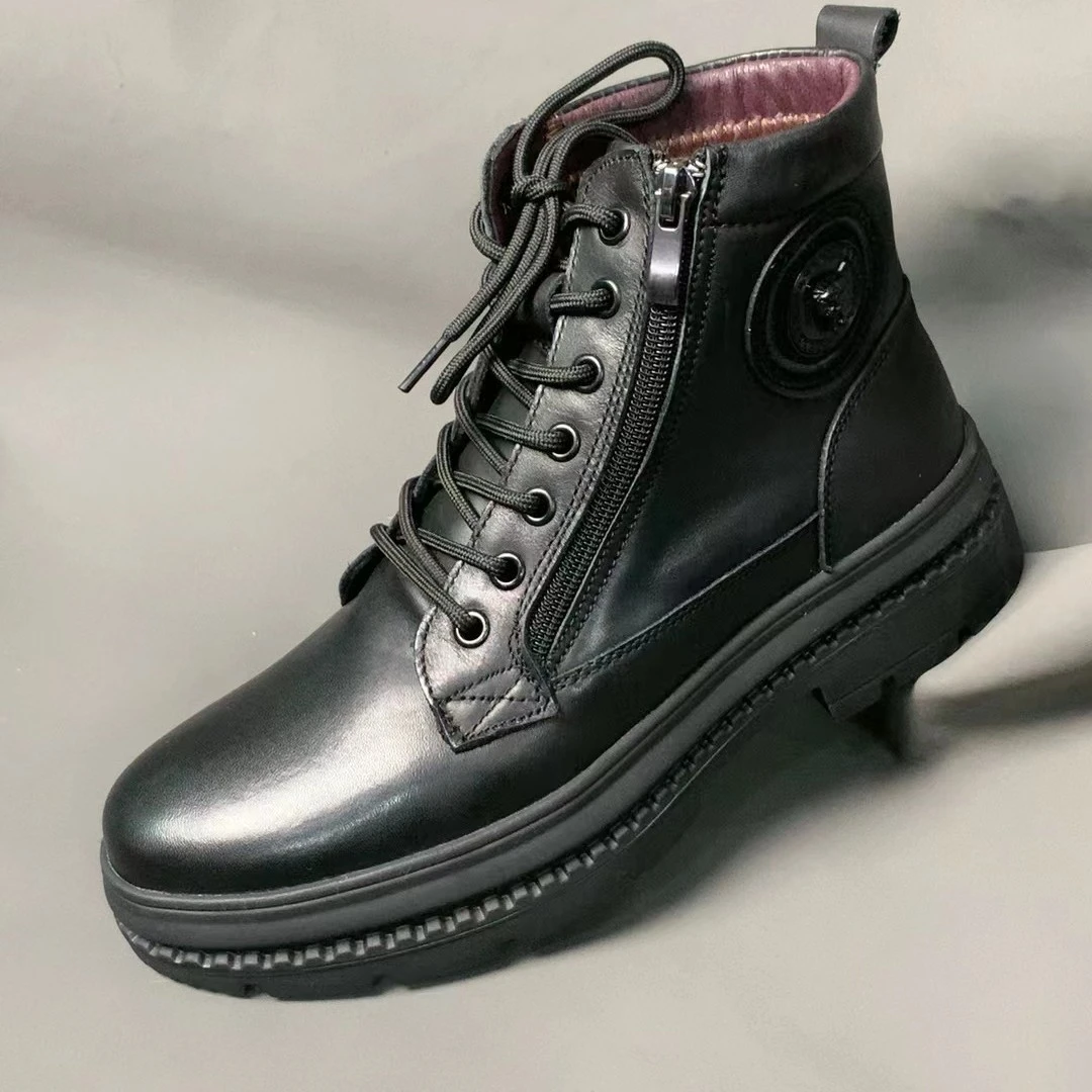 男士高帮英伦风工装靴子男侧拉链中筒百搭加绒黑色机车靴冬季棉靴