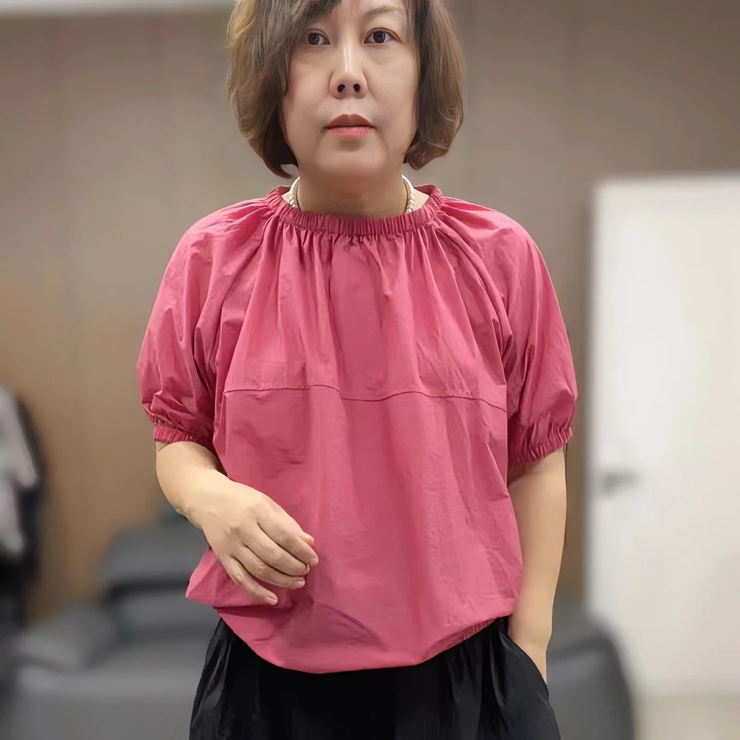 【xineba2】松紧圆领衫2024新款女士时尚洋气宽松纯色甜美气质