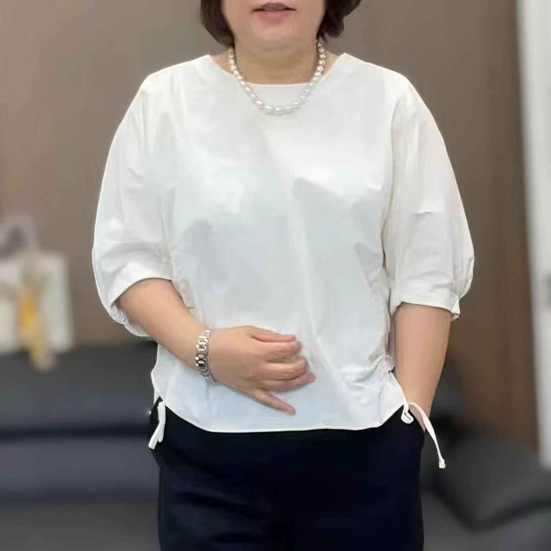 【xineba2】松紧圆领抽绳蝙蝠衫2024新款女士时尚洋气舒适高端