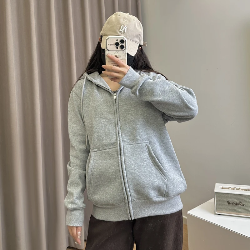 秋冬季加绒开衫连帽卫衣外套拉链纯色宽松休闲大码男女情侣款上衣