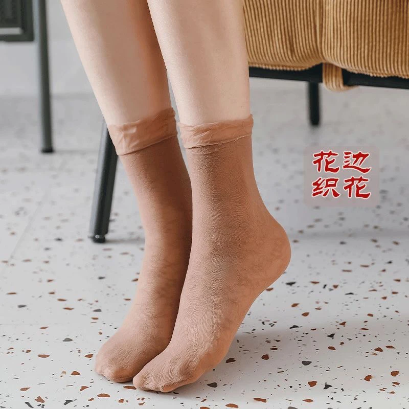 高档蕾丝中筒袜春秋玻璃丝水晶袜防臭黑色纯色袜子防臭袜缎面丝袜