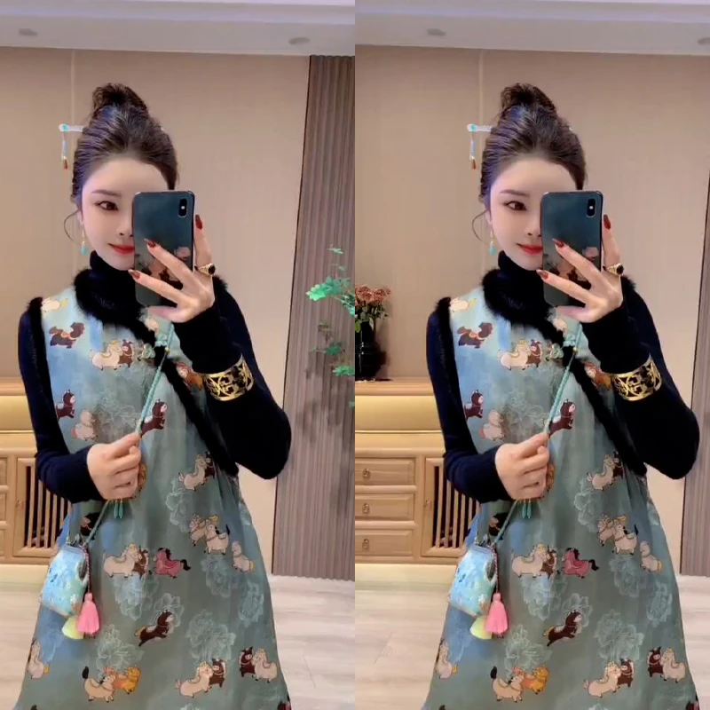 新中式时尚国风气质两件套2024秋冬新款显瘦长袖纯色打底衫马甲裙