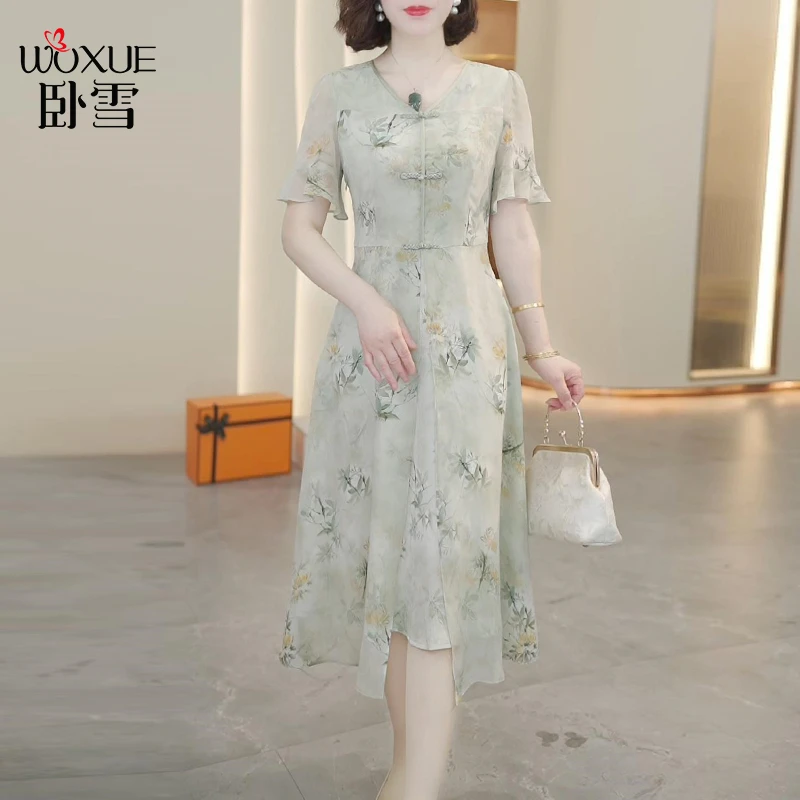 卧雪妈妈夏装短袖连衣裙夏季2025新款中老年女洋气新中式国风裙子