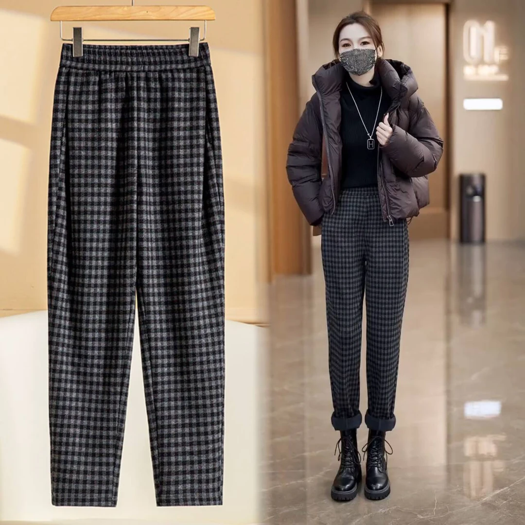 冬季新款时尚加绒加厚格子裤胖MM遮肉显瘦哈伦裤2024百搭保暖女裤