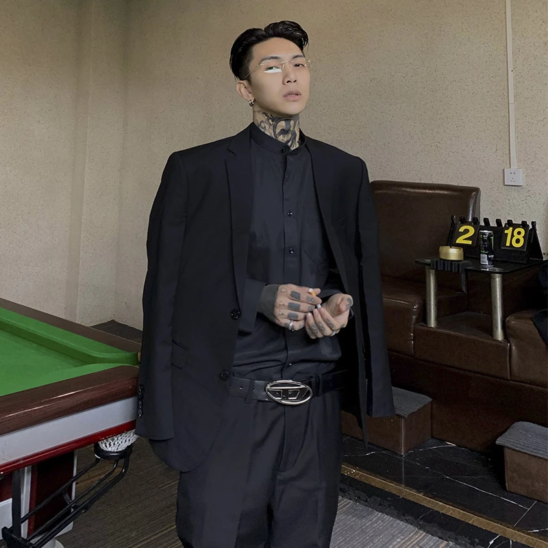 我叫得仔 纯黑西服韩版修身男潮两粒扣休闲西装套装 裤子加外套