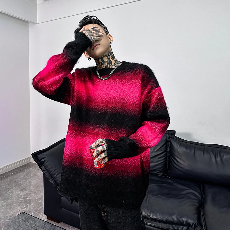 我叫得仔秋冬渐变撞色马海毛宽松套头针织圆领毛衣男潮流复古上衣