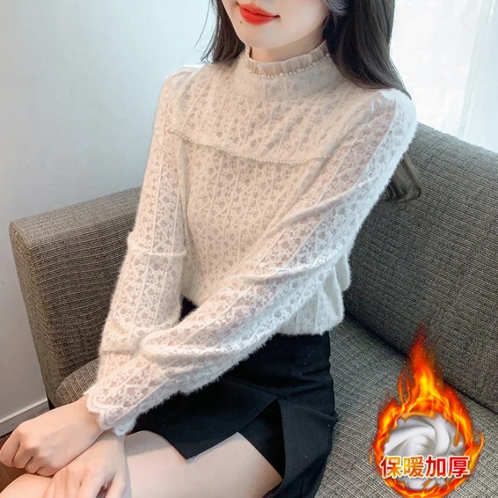 立领钉珠长袖加绒蕾丝打底衫单穿时尚百搭上衣女秋冬洋气加厚小衫