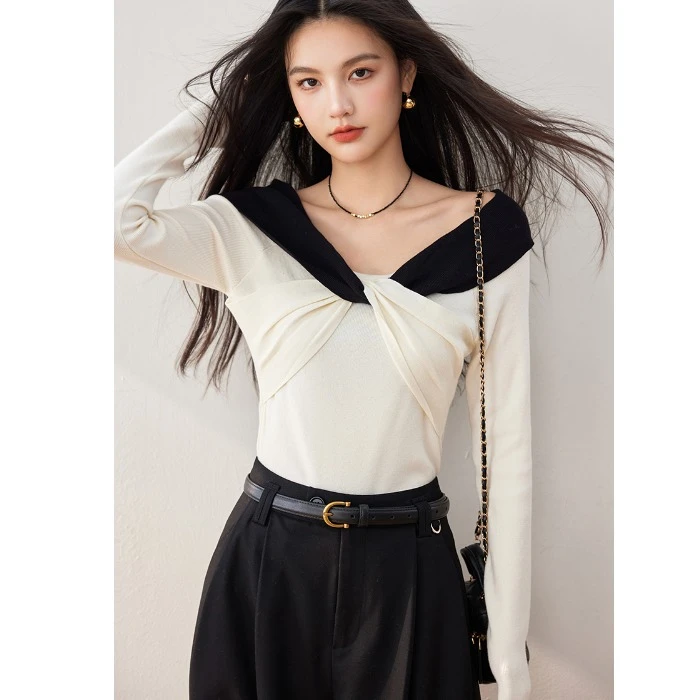 法式一字领交叉针织衫毛衣打底衫女秋冬季小香风修身显瘦内搭上衣