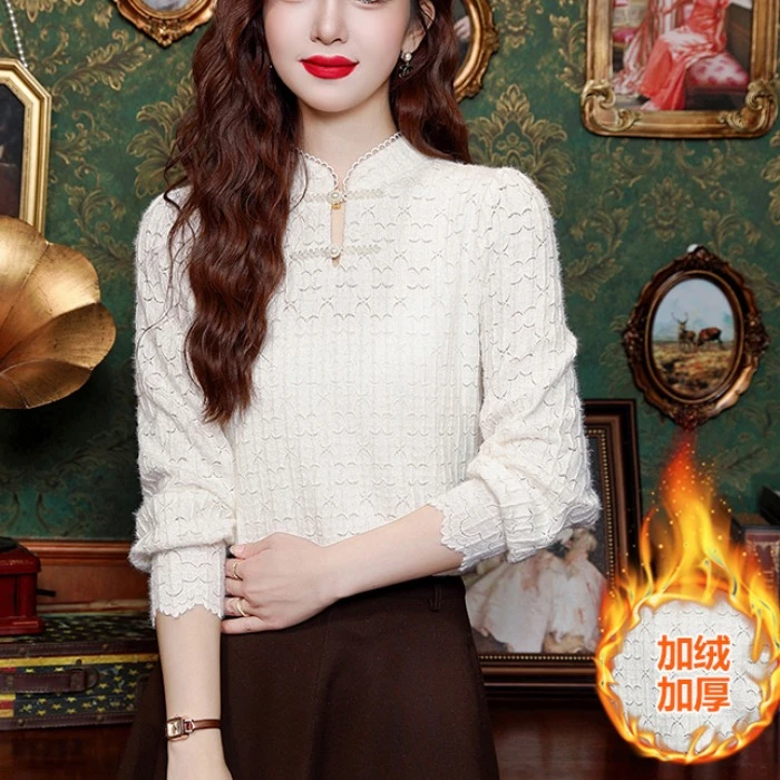 新中式国风盘扣立领加绒蕾丝打底衫女秋冬季显瘦内搭长袖上衣小衫