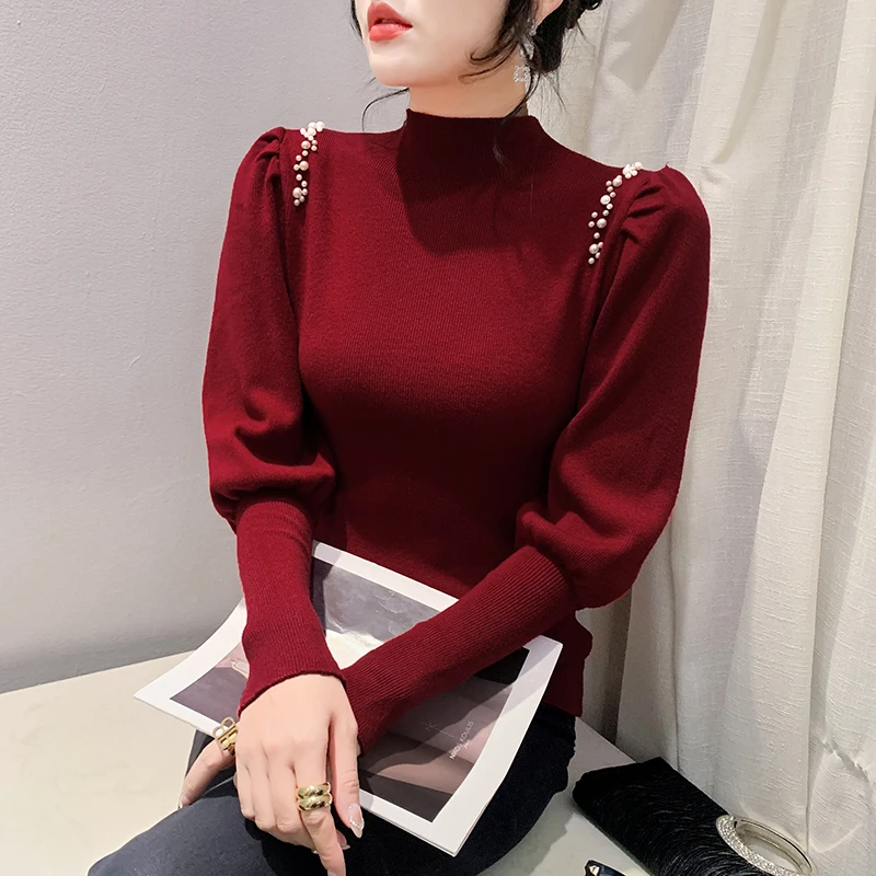 修身灯笼袖钉珠针织衫毛衣女春秋冬高级感内搭红色长袖上衣打底衫
