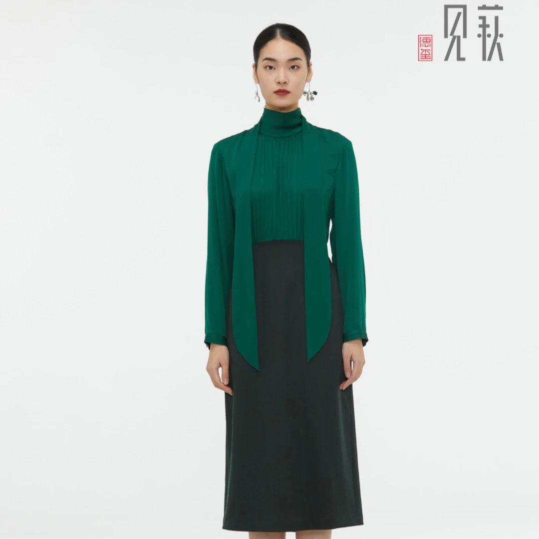 德玺见萩香云纱 前片碎褶可拆卸飘带连衣裙 QAWE3L071