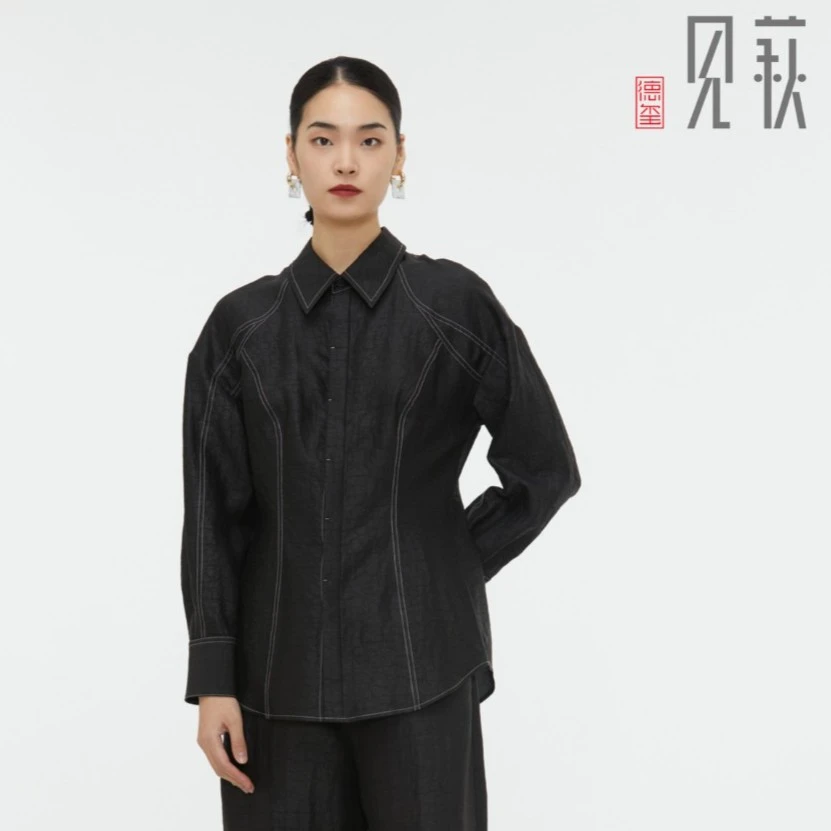 德玺见萩 黑龟纹电力纺莨分割结构衬衫 QZWE3W043