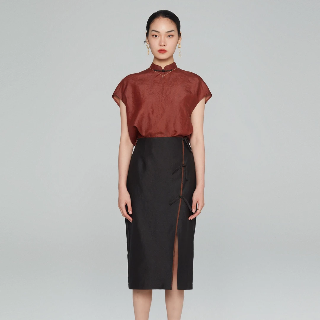 德玺见萩 珍稀红莨立领无袖上衣 QZWC2S083