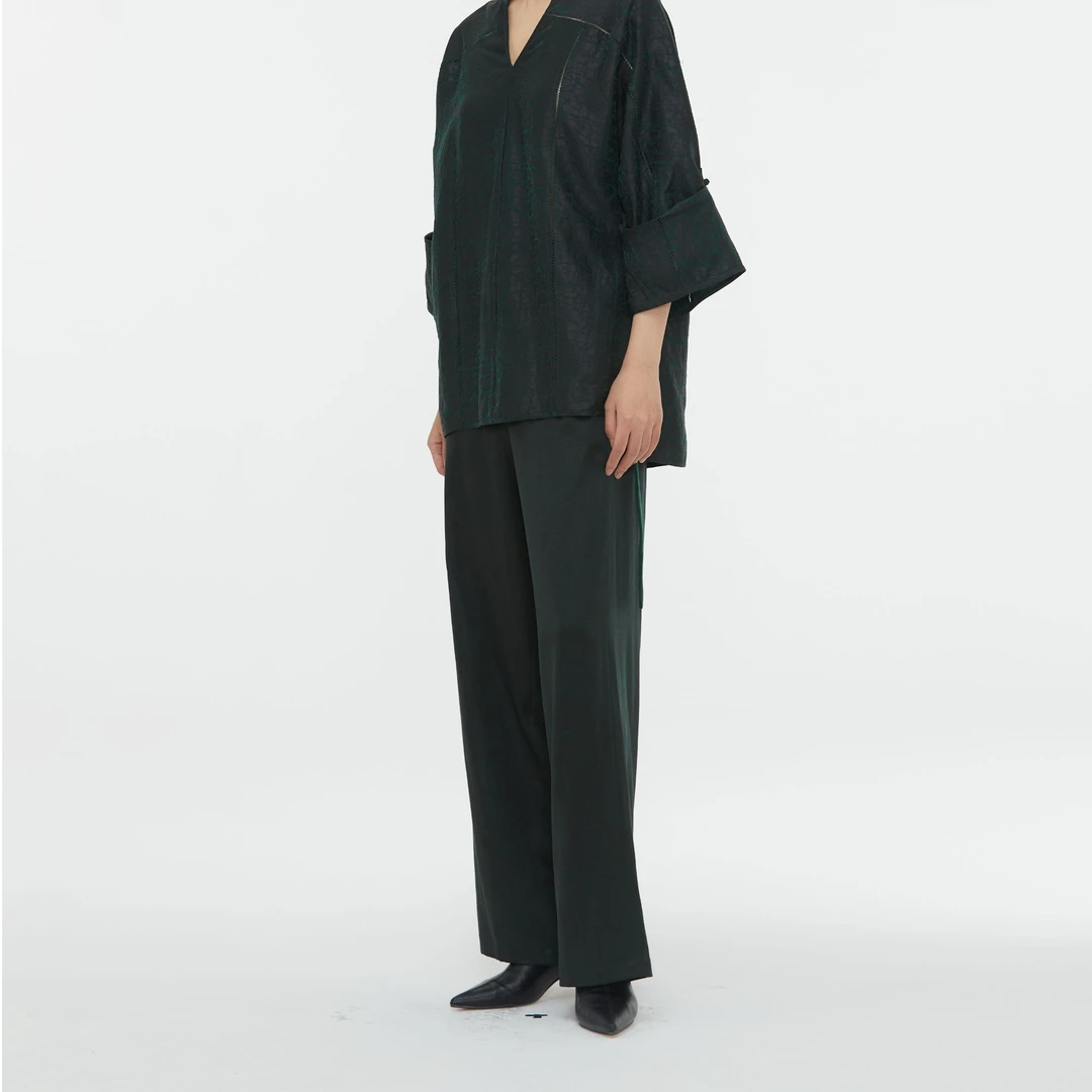 徳玺见萩香云纱 绿重磅撞色腰带飘带长裤 QZWE3K068