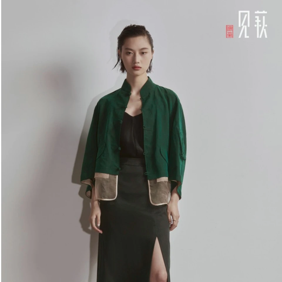 德玺见萩 绿电力纺莨拼柯根纱新中式外套 QZWD2W141
