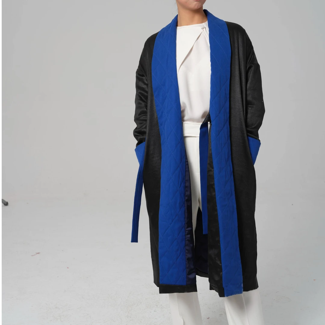 德玺见萩 香云纱撞色外翻领长棉服 QZWB4W030