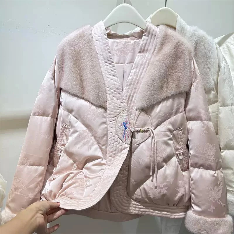 2024冬季新款新中式国风盘扣V领羽绒服女白鸭绒外套  GM51124
