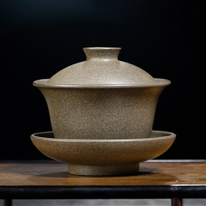 京峰阁宜兴紫砂原矿蟹壳青泥三才盖碗 纯全手工泡茶碗茶盏茶具