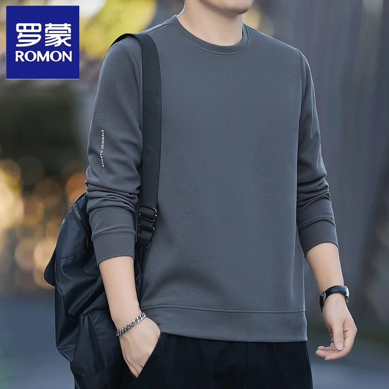 罗蒙春秋季新款圆领卫衣休闲套头印花简约百搭宽松长袖衫男装上衣