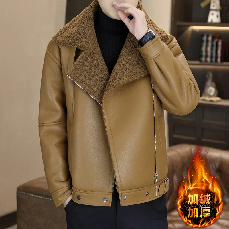 潮牌休闲皮毛一体男士外套加绒加厚翻领秋冬季新款百搭个性皮衣潮