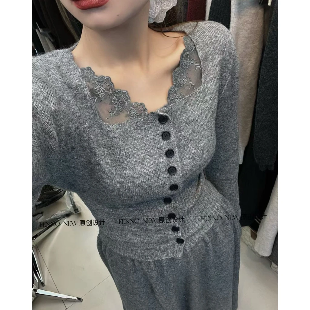 小心机～蕾丝显瘦舒适针织毛衣半身裙套装