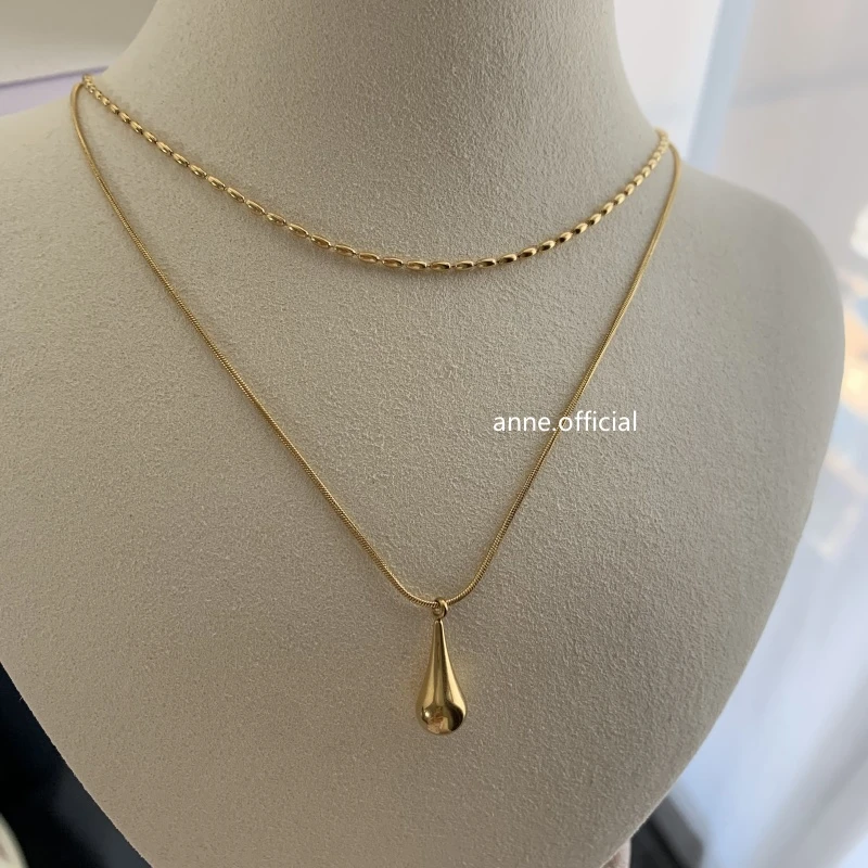 钛钢项链 【X480】韩国米粒链双层设计水滴吊坠项链