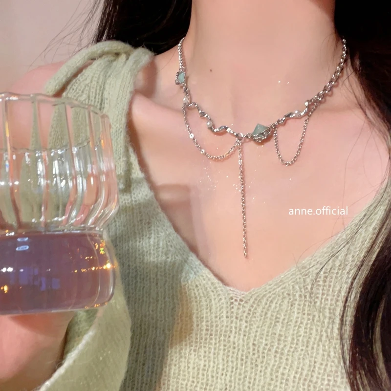 铜项链 轻奢设计感珠珠拼接薄荷绿方块流苏设计小众百搭项链