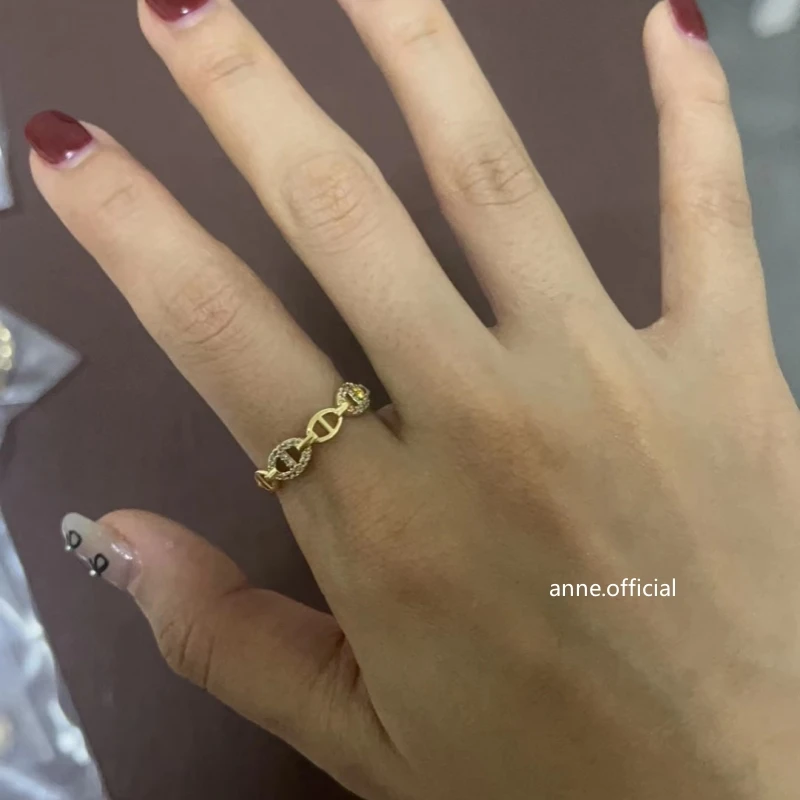 铜合金合成锆石戒指 高级感猪鼻子镶嵌可调节戒指戒指时尚指环