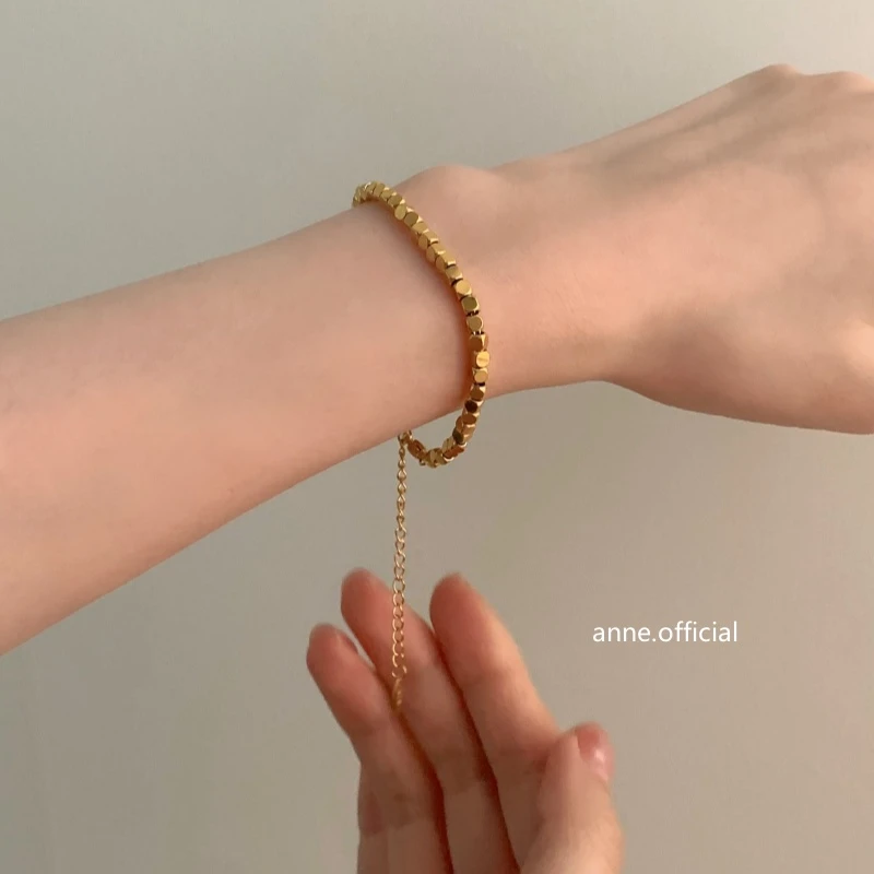 钛钢手链 【微光记忆】韩国方糖串珠手链金色不掉色小众手饰