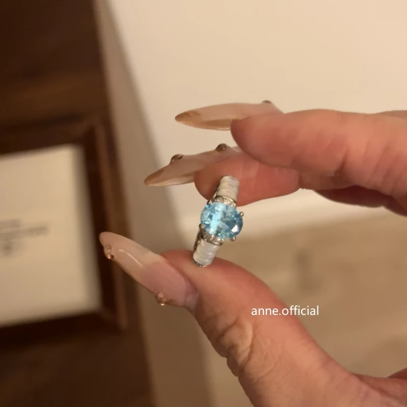 铜合金戒指 【J170】中古风海蓝色镶嵌锆闭口戒指新款时尚戒指