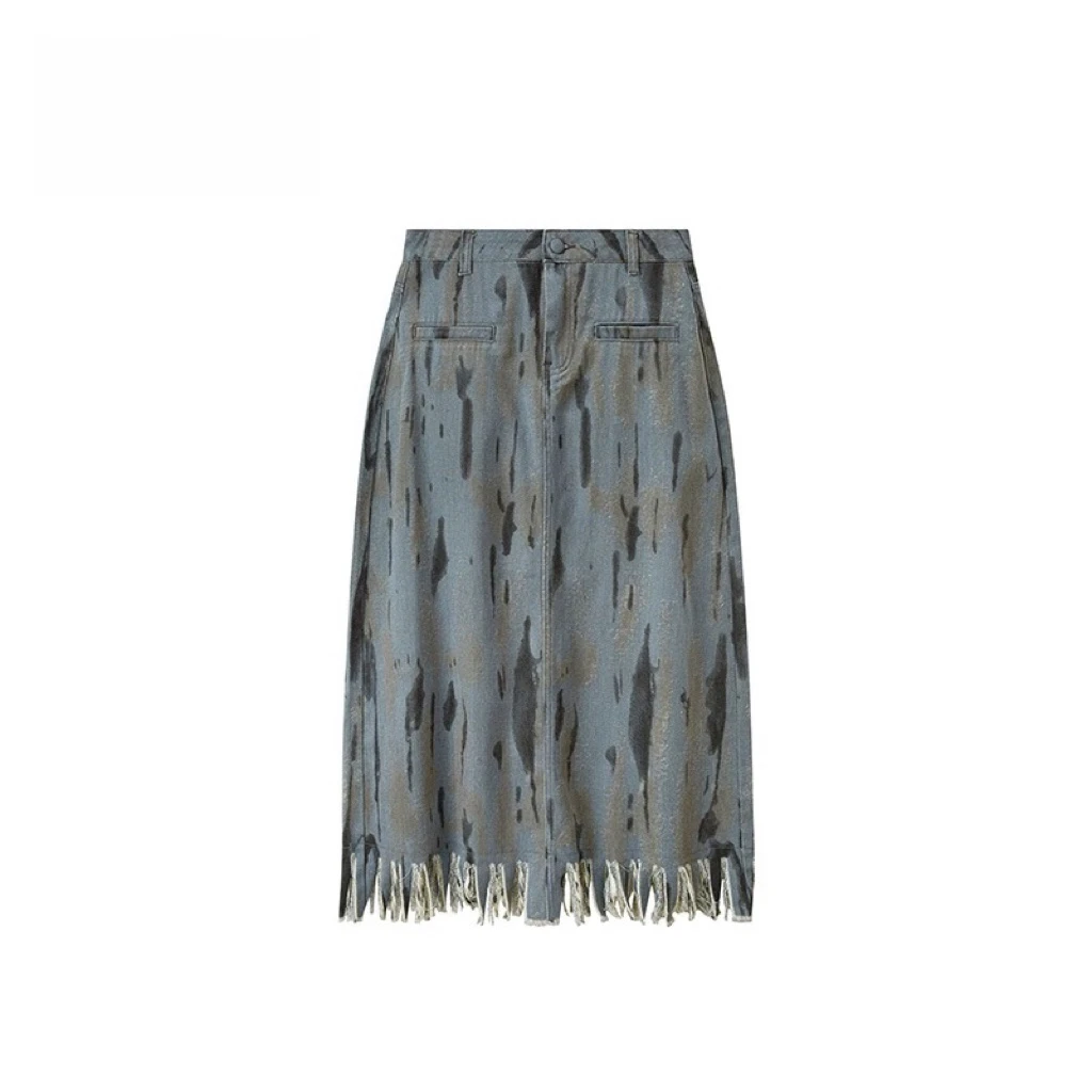 旧水洗毛边半身裙（直筒长裙）