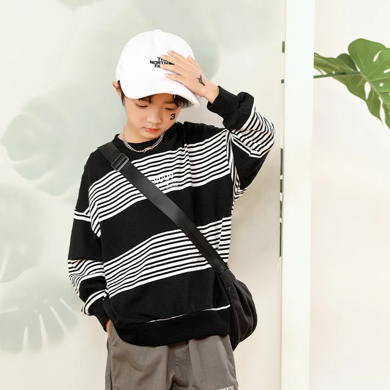 米西果男童卫衣儿童秋季2025新款条纹春装上衣男孩春秋款衣服童装