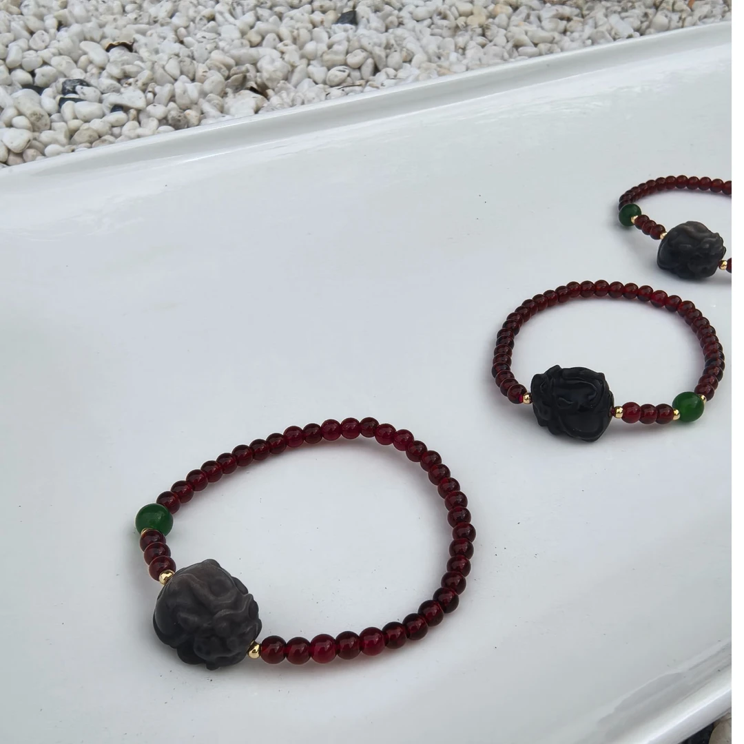 天然石榴石纯净体手链貔貅黑曜石镶嵌和田碧玉DIY手链