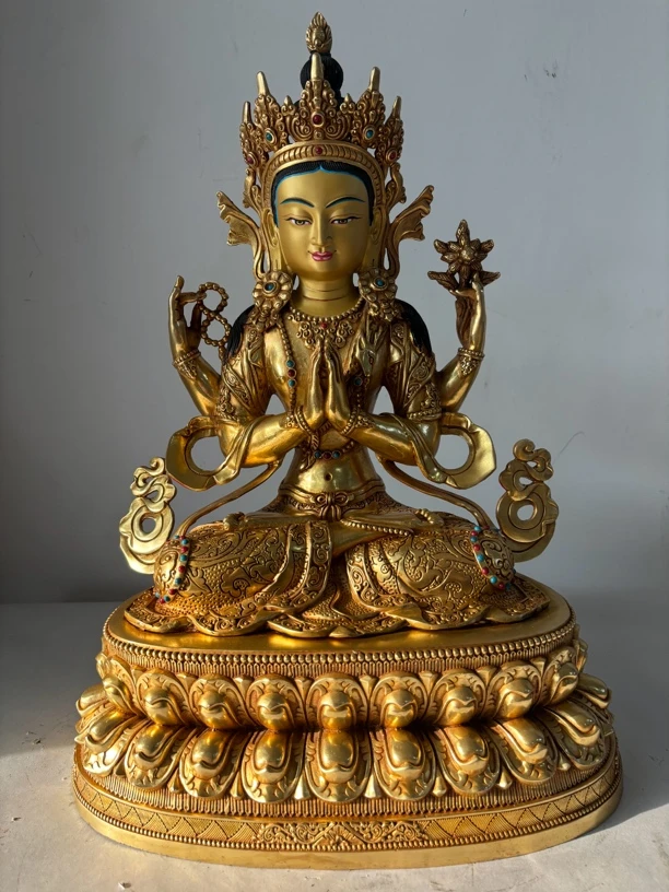 精工铜雕一尺五四臂观音创意摆件
