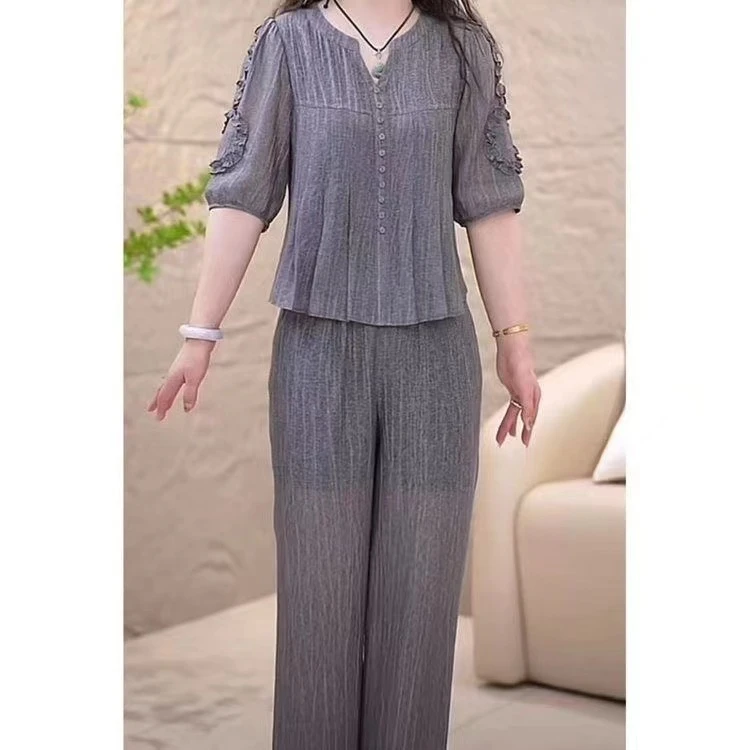 高档时尚洋气套装女夏季新款收腰显瘦减龄妈妈装纯色套装两件套