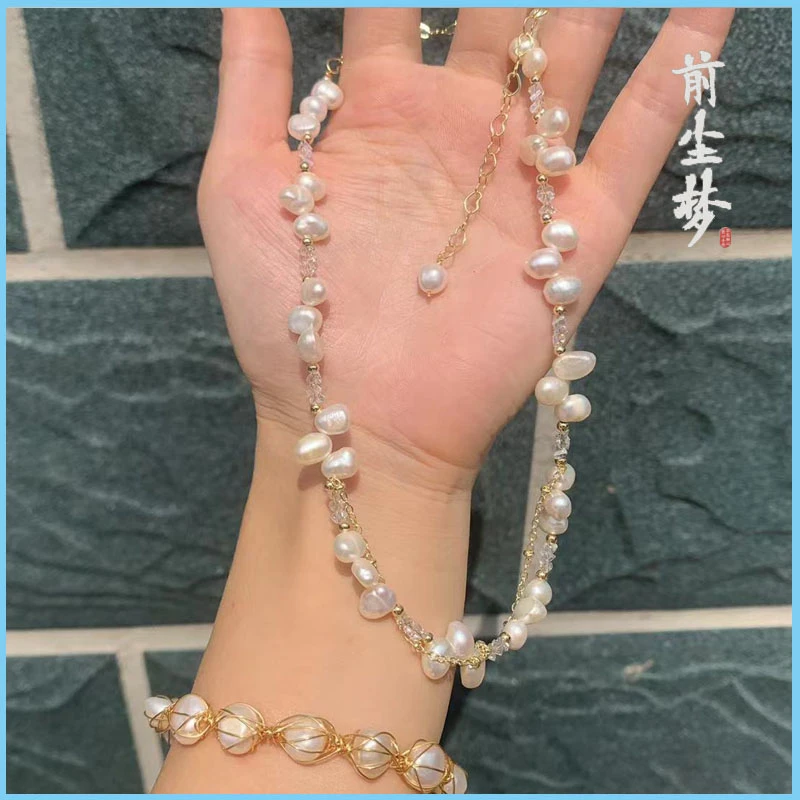 非金属项链 前尘梦配饰绕线淡水手链切面白晶淡水巴洛克锁骨链
