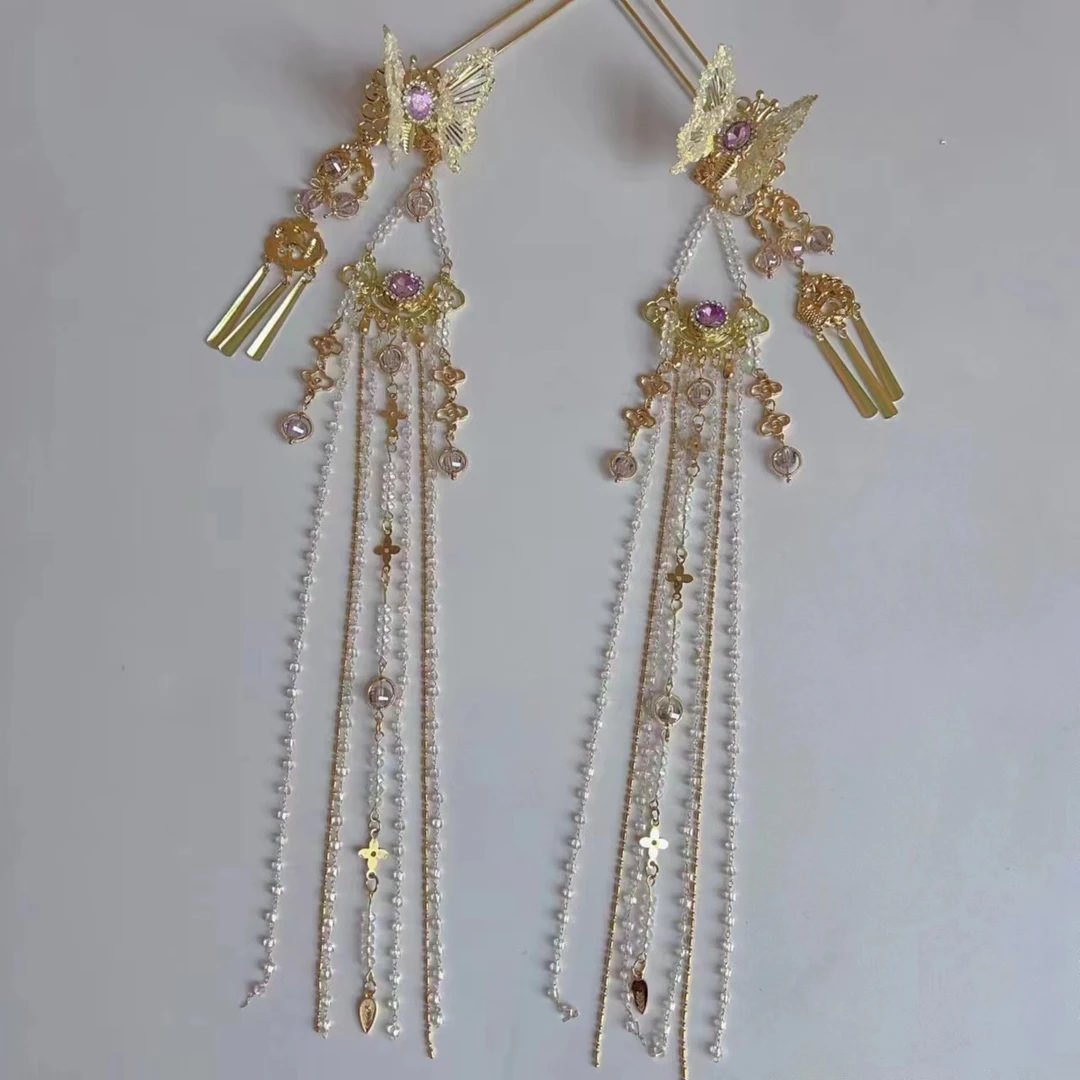 前尘梦汉服配饰古风水晶流苏颤颤蝴蝶发簪超长流苏蝴蝶发簪